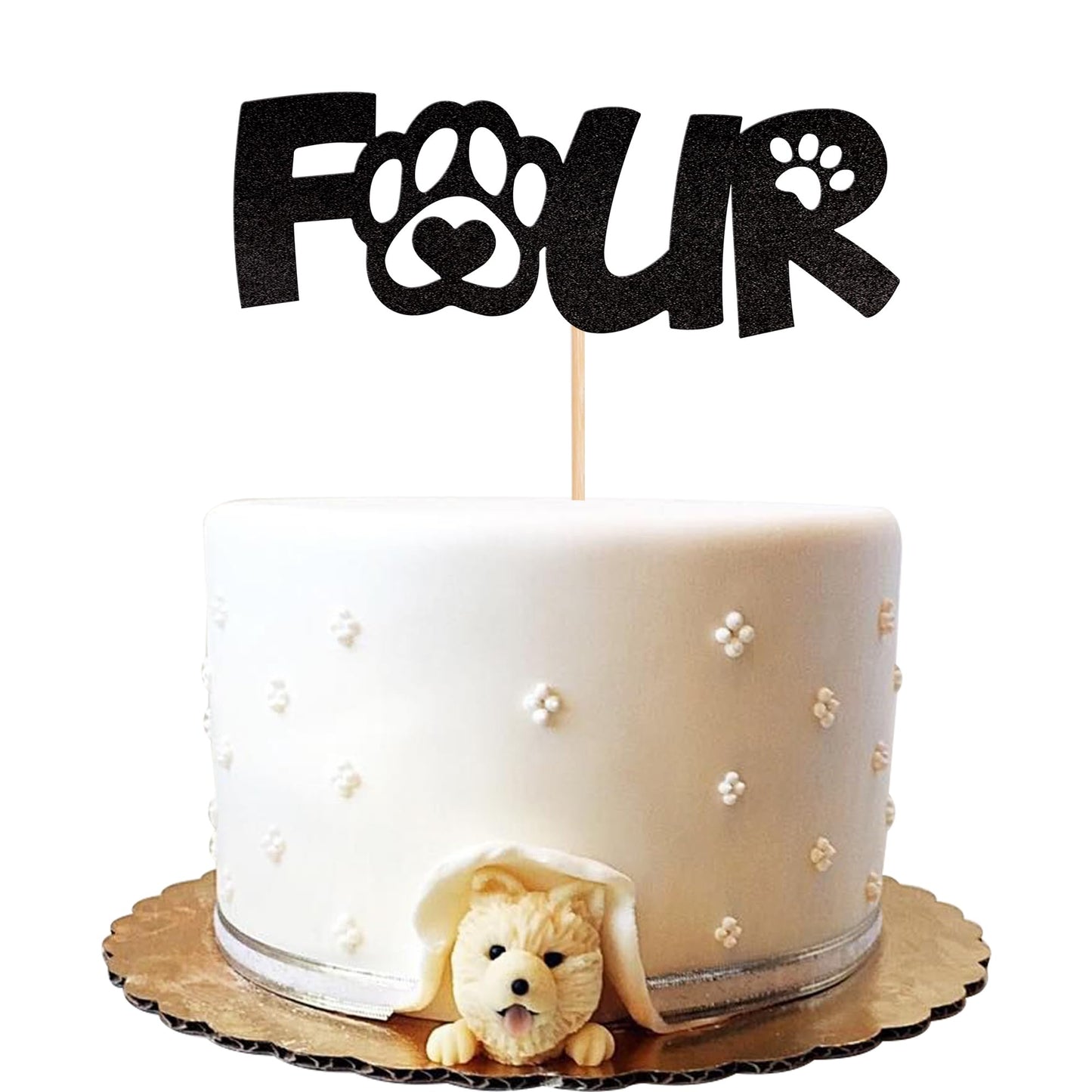 1 PCS Four Cake Topper Black Glitter 4 Years Old Birthday Dog Paw Cake Pick for Puppy Dog Let's Pawty Theme Kids Boys Girls 4th 