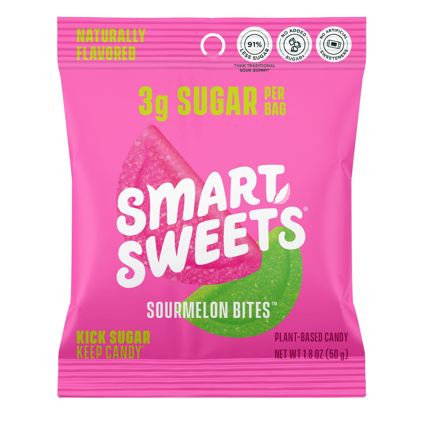 SmartSweets Sourmelon Bites Candy, Low Sugar, Plant-Based, 1.8 Ounce, Pink