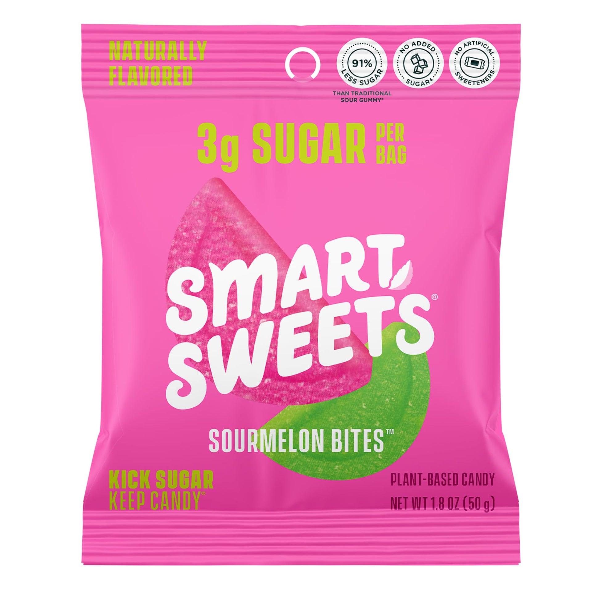 SmartSweets Sourmelon Bites Candy, Low Sugar, Plant-Based, 1.8 Ounce, Pink