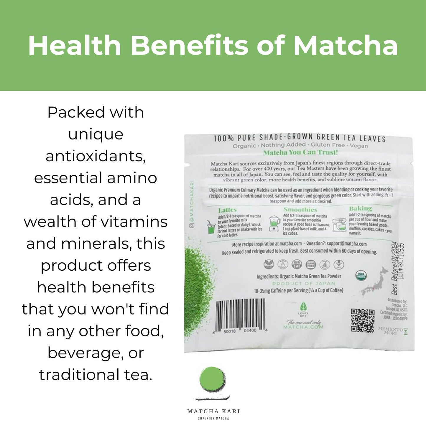 Matcha Kari Organic Matcha Green Tea Powder - 30g - Japanese Culinary Grade - Green