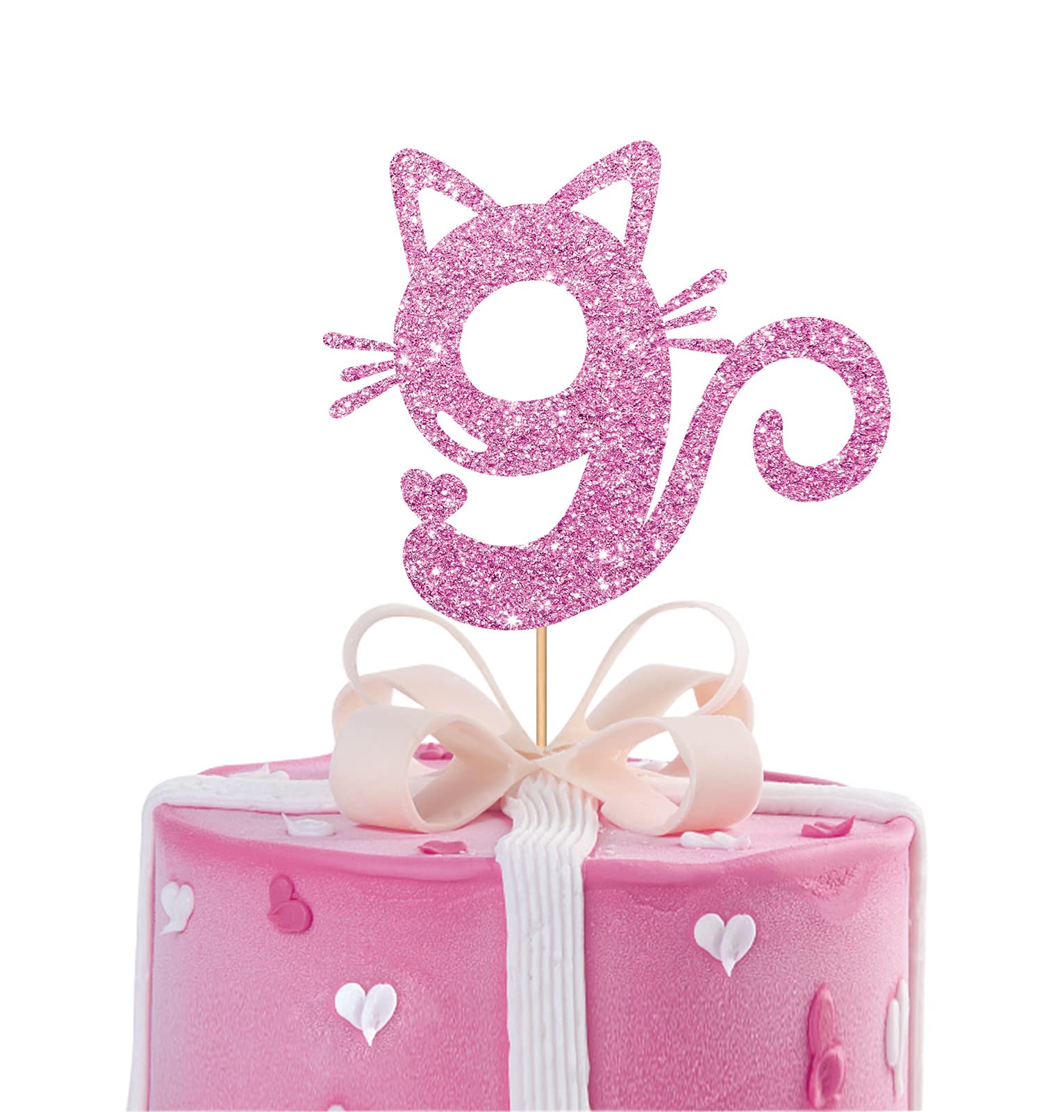 MINUET MINUTE Cat Nine Cake Topper - Pink Glitter, Cardboard, Happy 9th Birthday Party Decoration