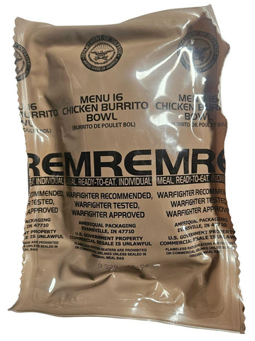EPIDEMIC PROOF Genuine USGI MRE Meal, Ready to Eat - Chicken Burrito Bowl, Inspection Date 01/2026 or Newer, New Packaging