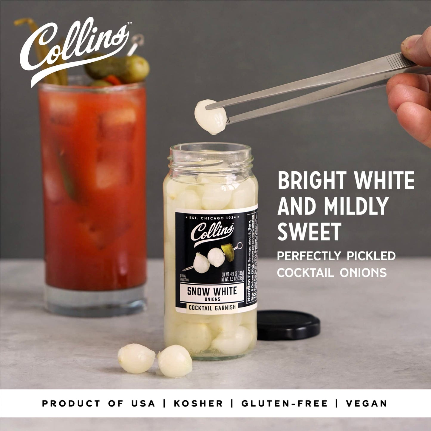 Collins Gourmet Pickled Cocktail Onions - Snow White, 8oz Jar, Perfect for Snacks and Cheese Trays, Model O52