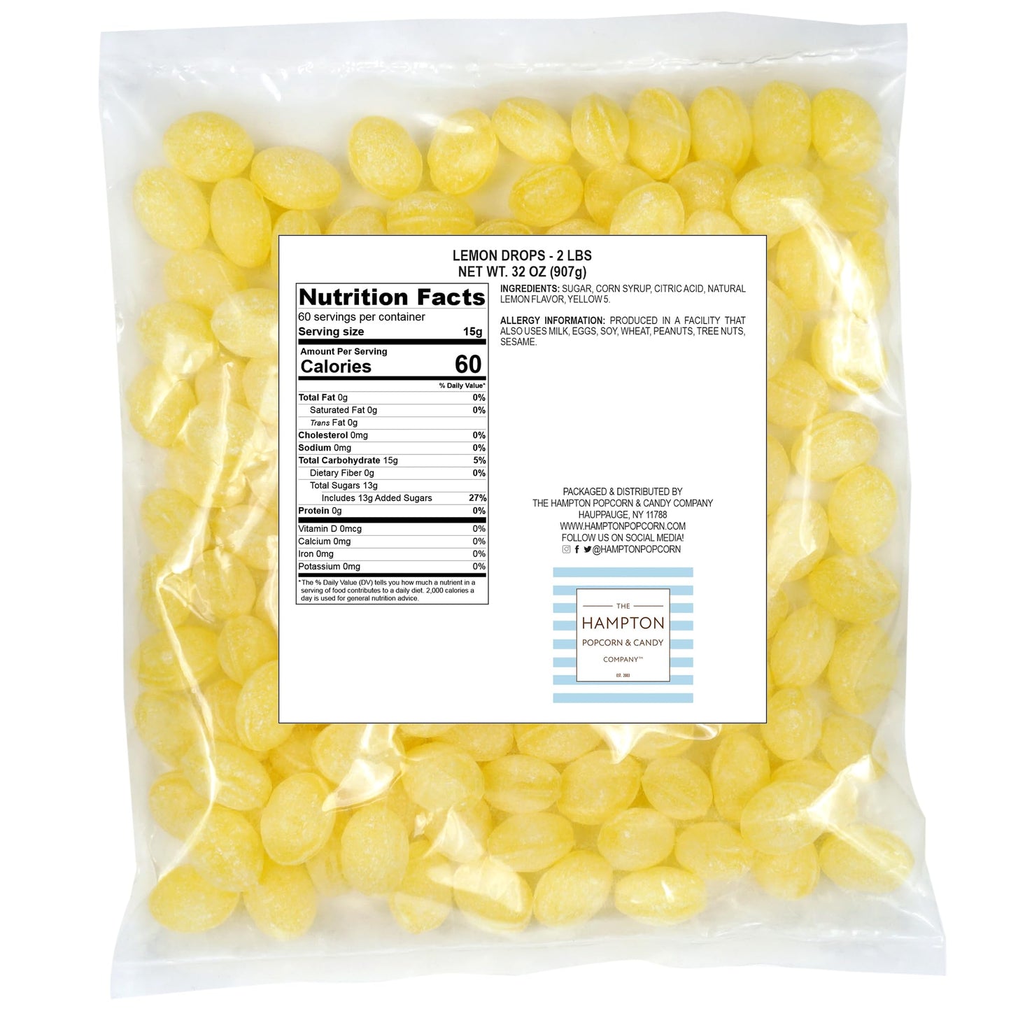 The Hampton Popcorn Company Claeys Sanded Lemon Drops Hard Sour Candy 2 Pound Bulk Bag