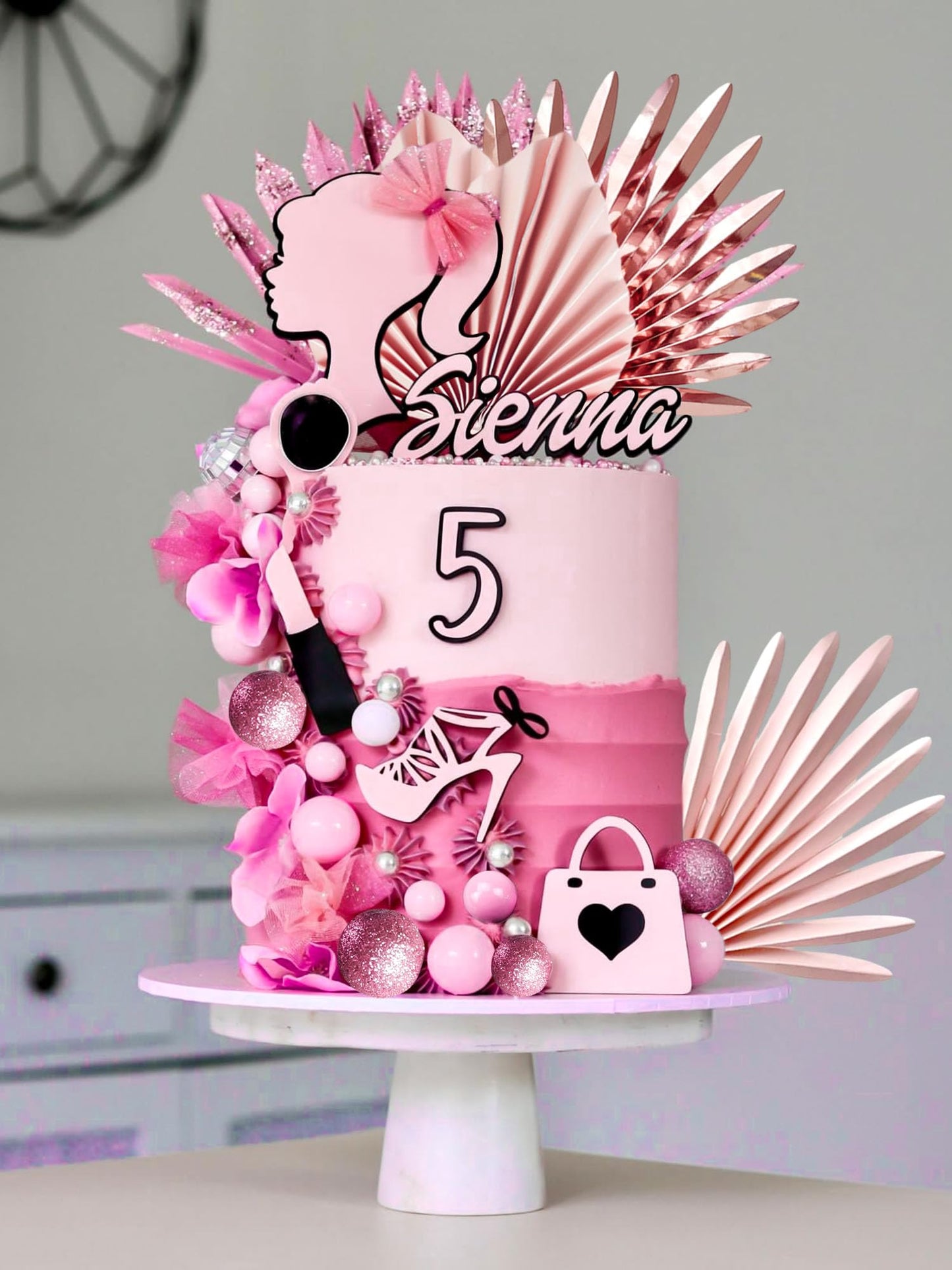 Jevenis Luxury Hot Pink Girl Cake Decoration Pink Girls Birthday Decoration Pink Balls Palm Leaves Heels Lipstick Bags Cake Topp