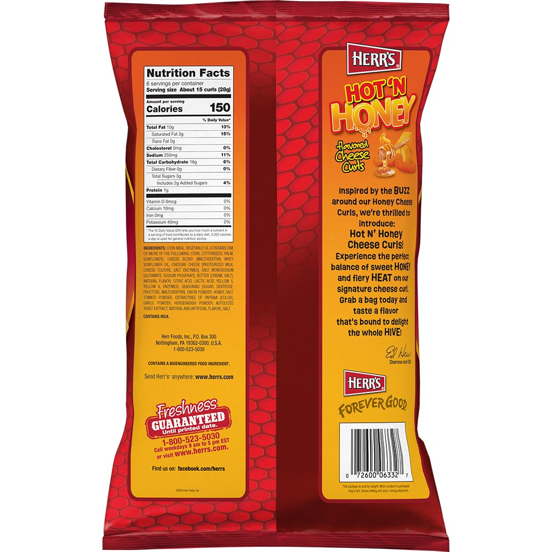 HERRS Hot & Honey Cheese Curls, Spicy & Sweet Snack, 6 Ounce (Pack of 6 Bags)
