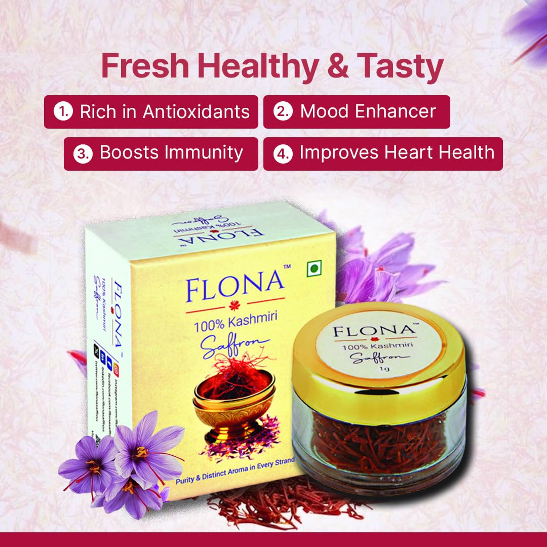 Flona Kashmiri Saffron Threads 1G - 100% Pure & Aromatic Organic Saffron For Cooking, Saffron Tea, Rice & Seasoning, Authentic K
