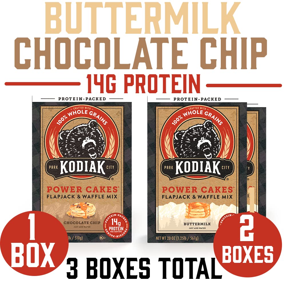 Kodiak Cakes Power Cakes Variety Pack - Protein Pancake Mix Just Add Water - 100% Whole Grain Flapjack and Protein Waffle Mix -