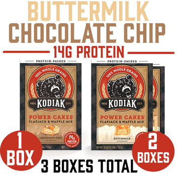 Kodiak Cakes Power Cakes Variety Pack - Protein Pancake Mix Just Add Water - 100% Whole Grain Flapjack and Protein Waffle Mix -