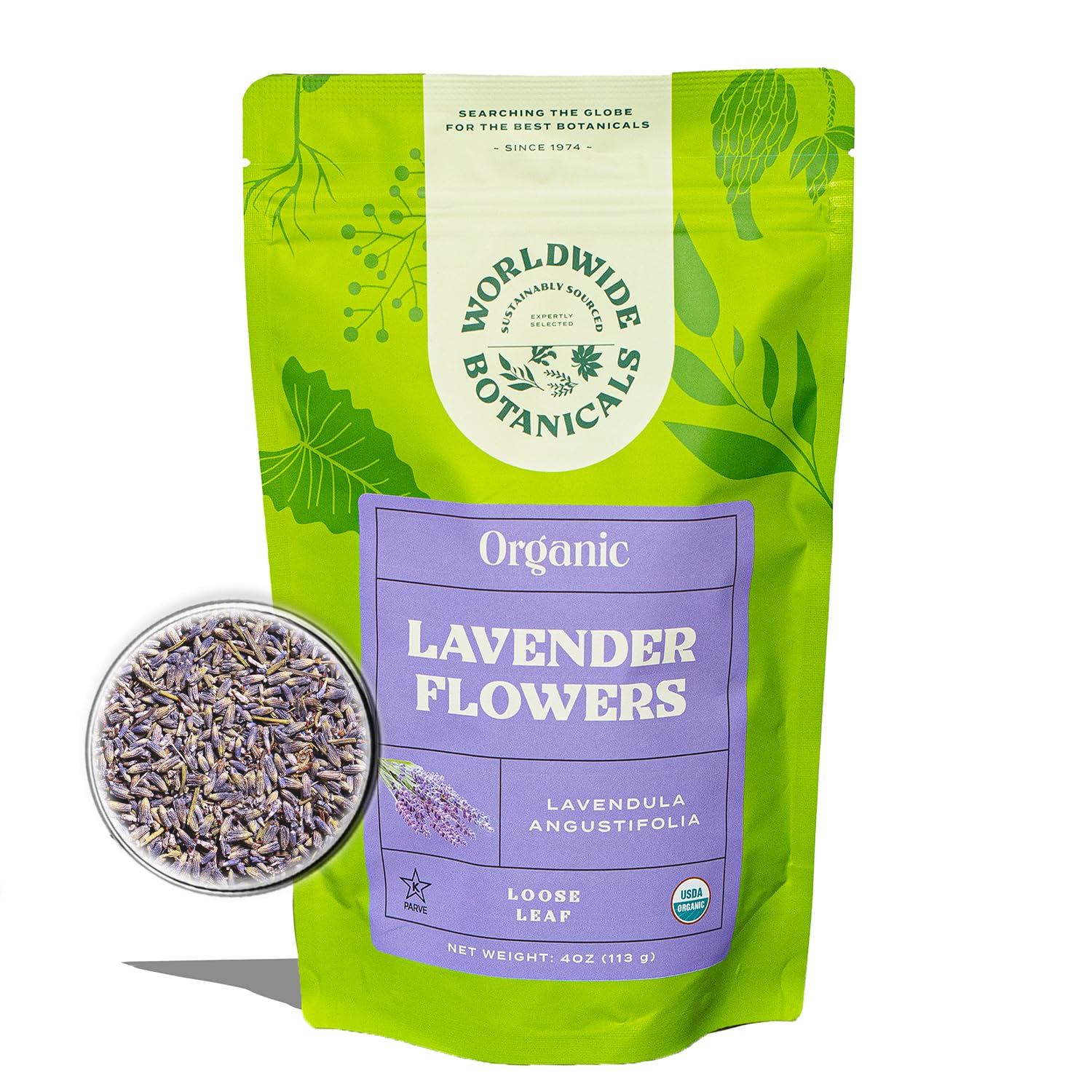 Worldwide Botanicals Organic Lavender Flowers, 4 ounces, Pure European Lavender buds, Perfect for Aromatherapy, Sachets, Wedding