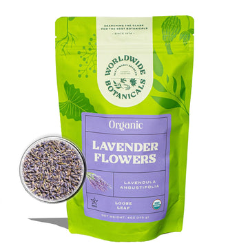 Worldwide Botanicals Organic Lavender Flowers, 4 ounces, Pure European Lavender buds, Perfect for Aromatherapy, Sachets, Wedding