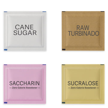 Variety Pack Sweeteners - Assorted mix for Tea, Coffee & Beverages - Includes Saccharin, Sucralose, Raw Brown & White Sugar - Co