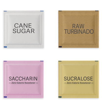 Variety Pack Sweeteners - Assorted mix for Tea, Coffee & Beverages - Includes Saccharin, Sucralose, Raw Brown & White Sugar - Co