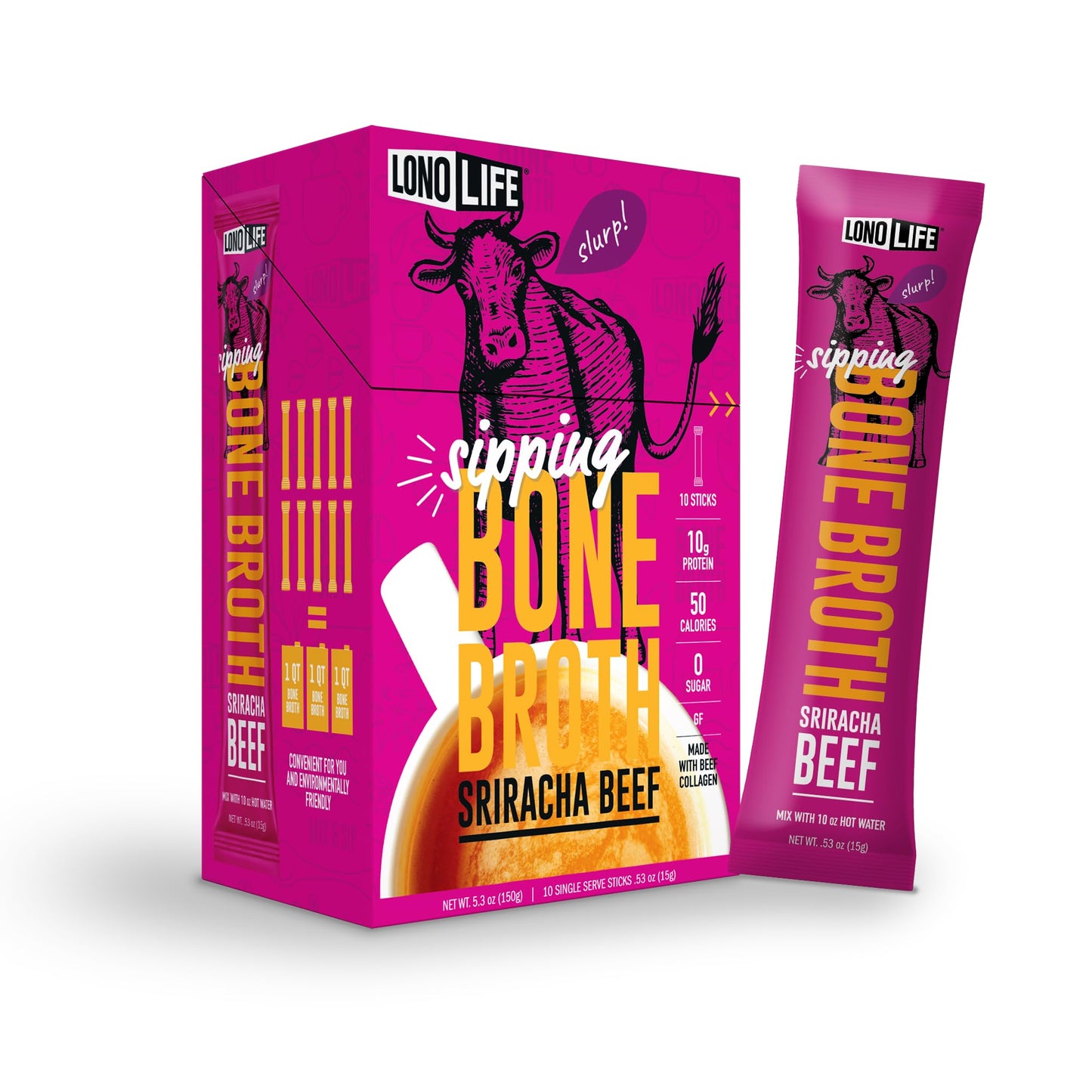 LonoLife Sriracha Beef Bone Broth Powder Mix - Grass-Fed, 10g Protein, Keto & Paleo Friendly, 10 Stick Pack Servings