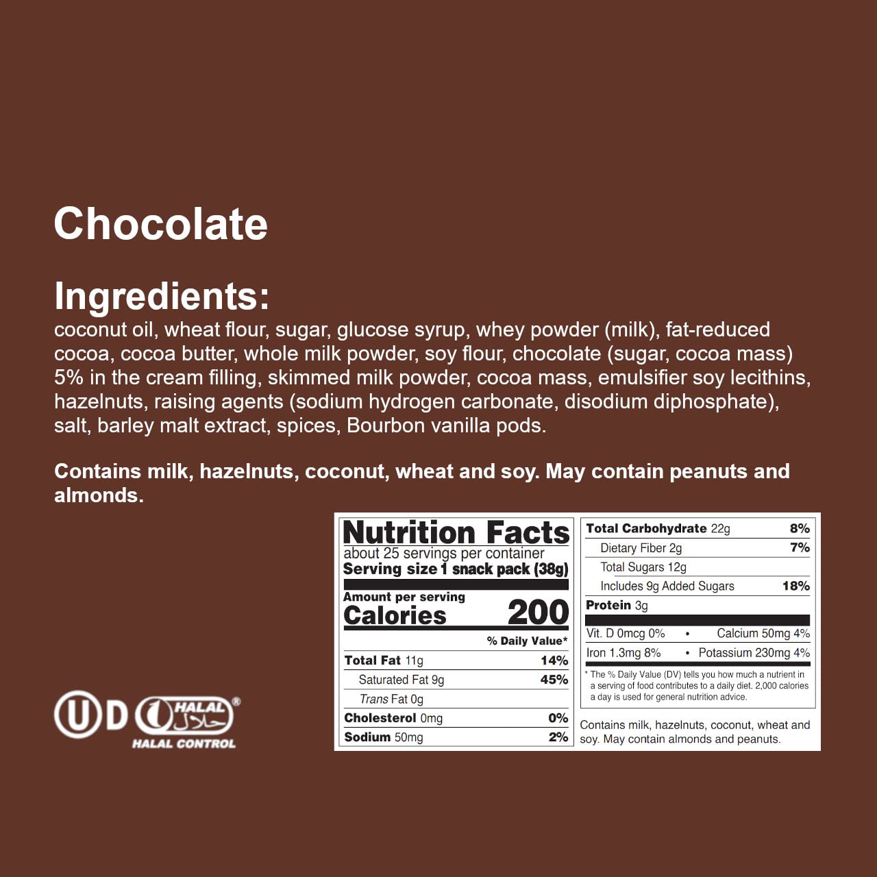 Loacker Hazelnut Enrobed Wafers, 38g/1.34oz, Pack of 25, Chocolate
