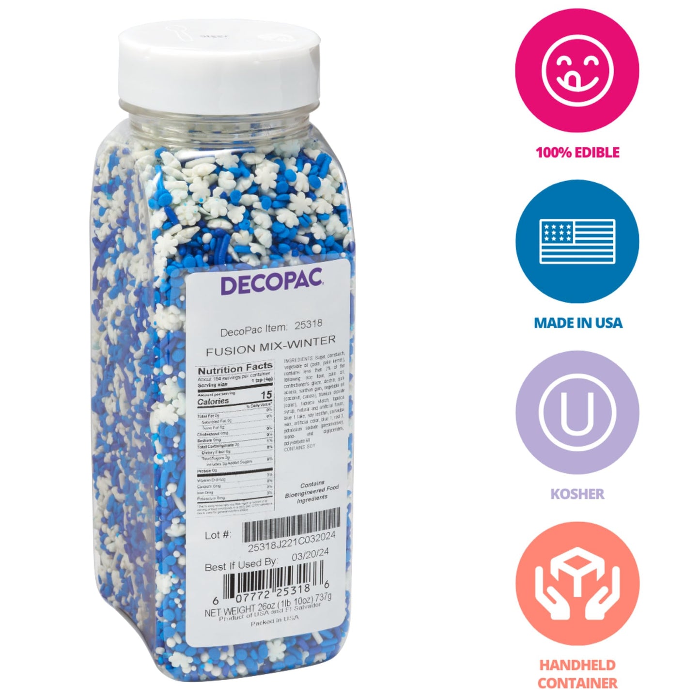 Decopac Winter Fusion Mix Candy Sprinkles, 26Oz, Fancy Sprinkles In Handheld Container, Edible Sprinkles For Celebration Cakes,