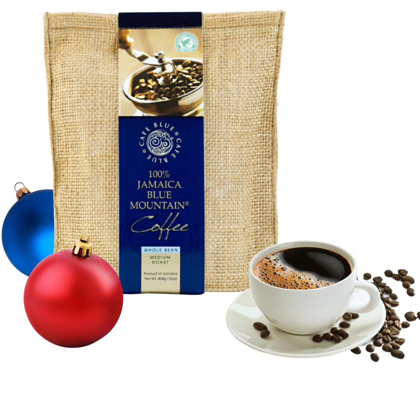 Cafe Blue - 100% Authentic Jamaica Blue Mountain Coffee from Clifton Mount Estate  Medium Roast Whole Bean Coffee  enhanced Arabica Coffee Beans  Coffee Bag of 16 Ounces (1 Pound  454 Grams)