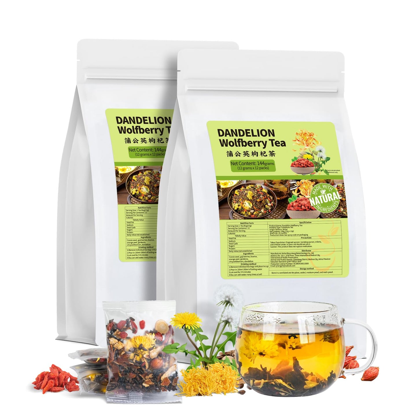 BeleePlanner Dandelion Wolfberry Tea Bags, Natural Blend for Kidneys & Liver Health, 2 Pack/24 Bags
