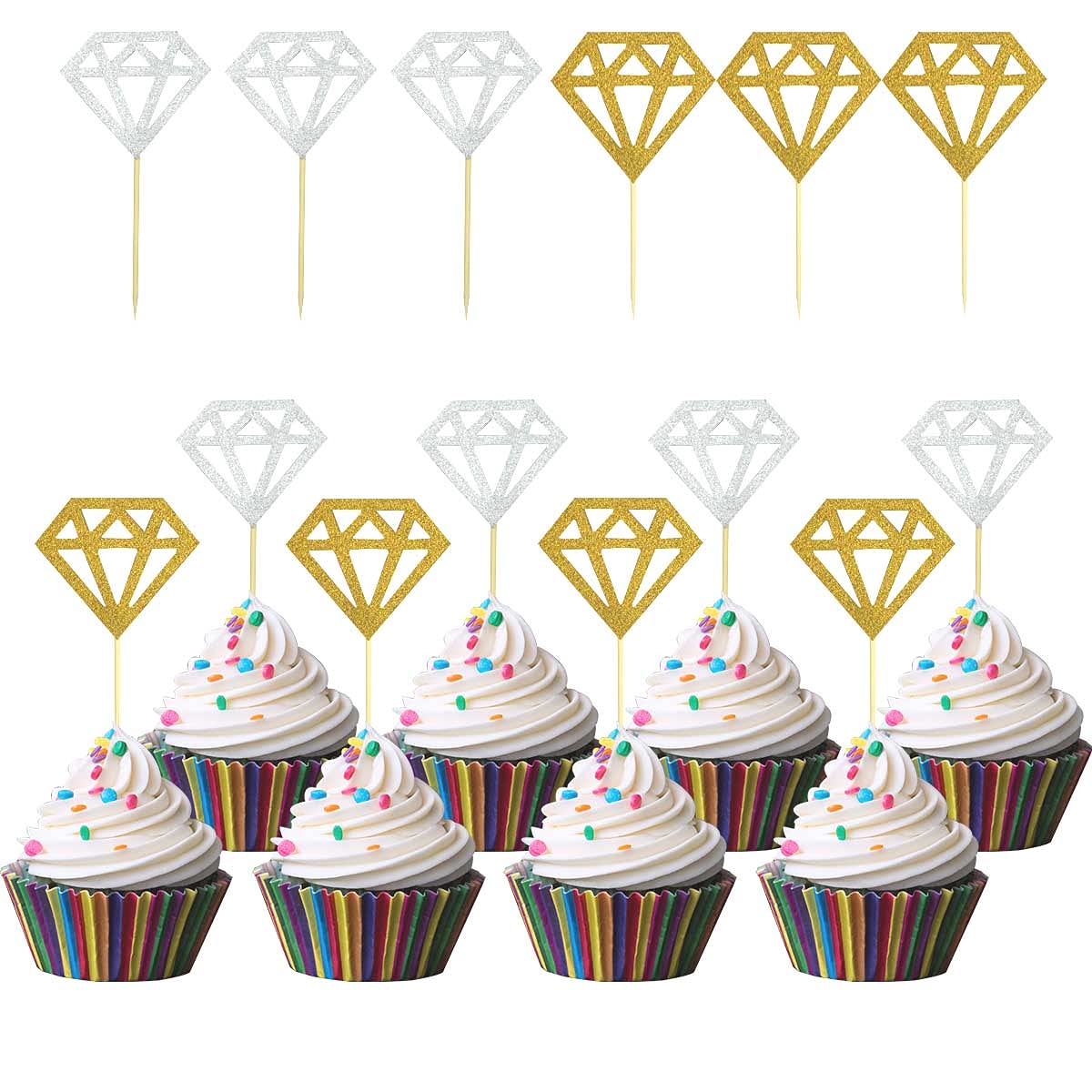 yuntop 60 Pack Glitter Diamond Cupcake Toppers, Silver & Gold, Bamboo Material, Perfect for Weddings & Parties