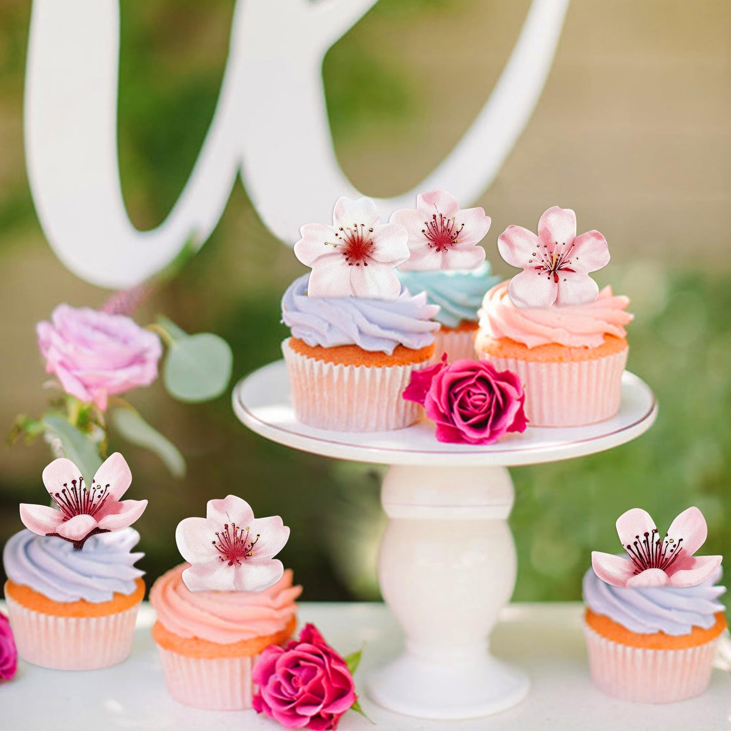 40 Pack Edible Cherry Blossom Cupcake Toppers Spring Bridal Engagement Baby Shower Birthday Party Cupcake Picks Drink Topper Ann