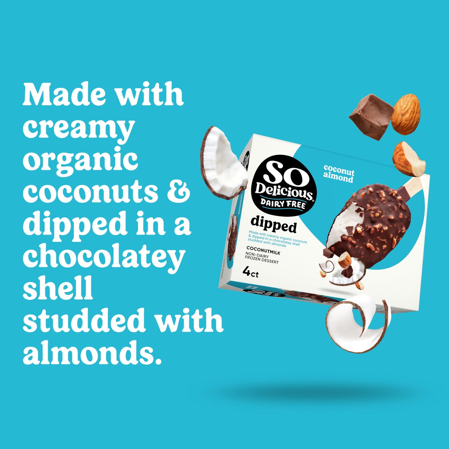 So Delicious Dairy Free Coconut Milk Dipped Frozen Dessert Bar, Coconut Almond, Vegan, Non-GMO Project Verified, 4 Pack