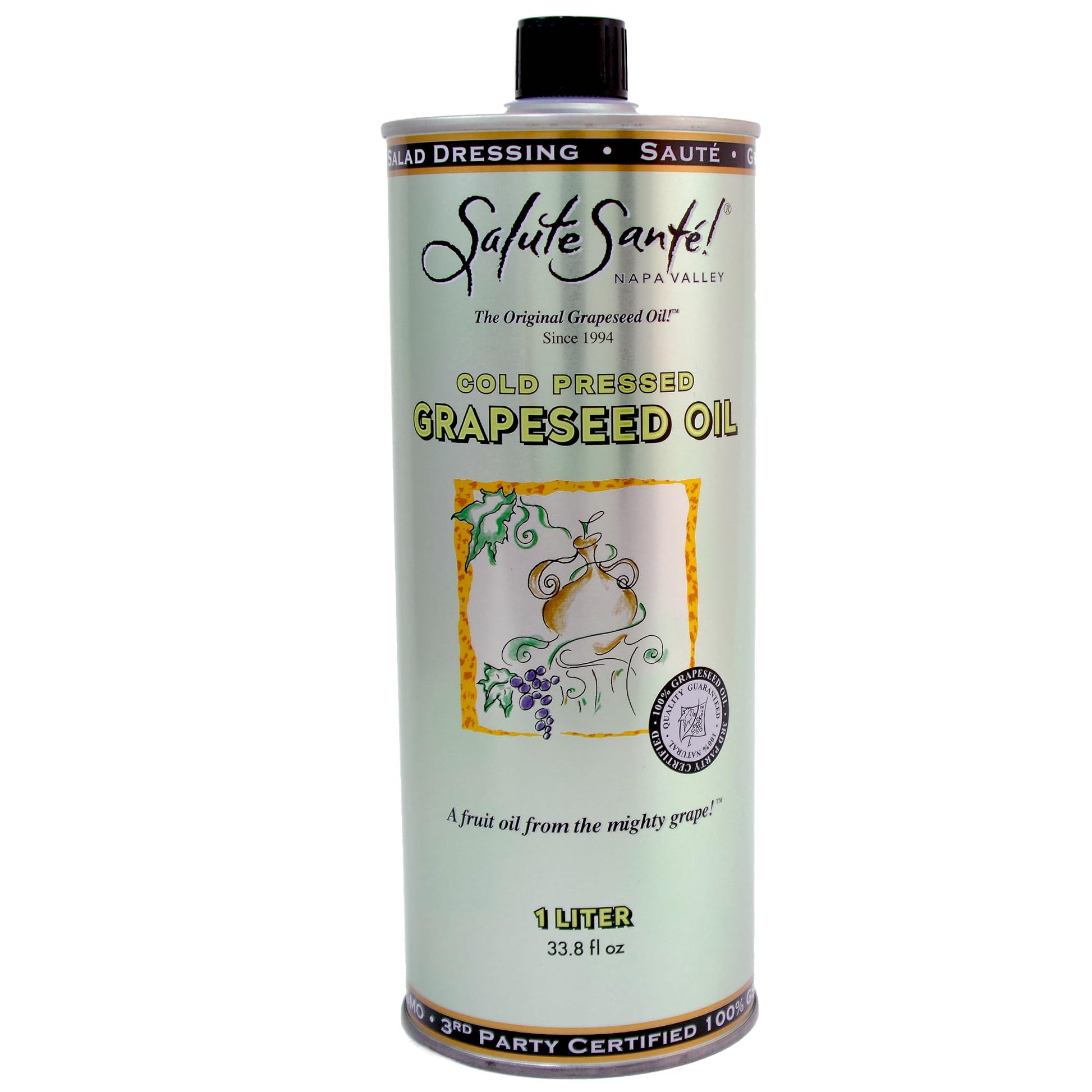 Salute Sante! Cold Pressed Grapeseed Oil - High Smoke Point, Neutral Flavor, 33.8 Fl Oz
