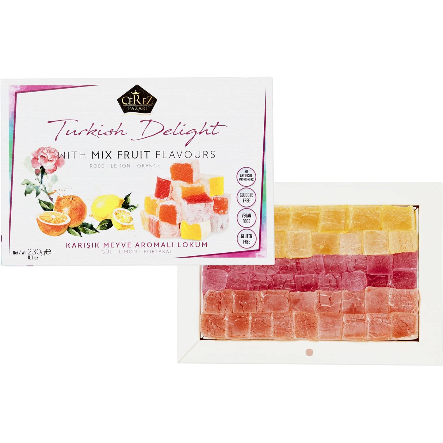 Çerez Pazari Turkish Delight Gift Box, Rose, Orange & Lemon Flavors, 8.1 Oz, Vegan Traditional Confectionery, Approx. 32 Pcs