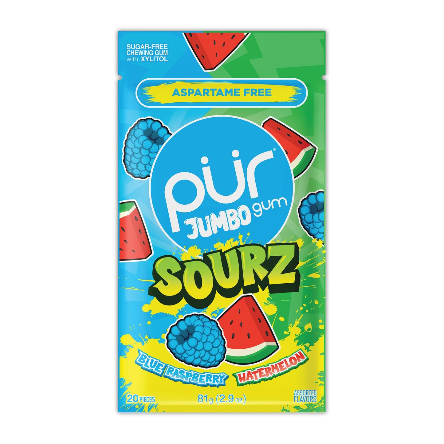 PUR Jumbo SOURZ Gum | Aspartame Free Chewing Gum | 100% Xylitol | Natural Flavor | Sour Blue Raspberry  Sour Watermelon  20 Pieces (Pack of 1)