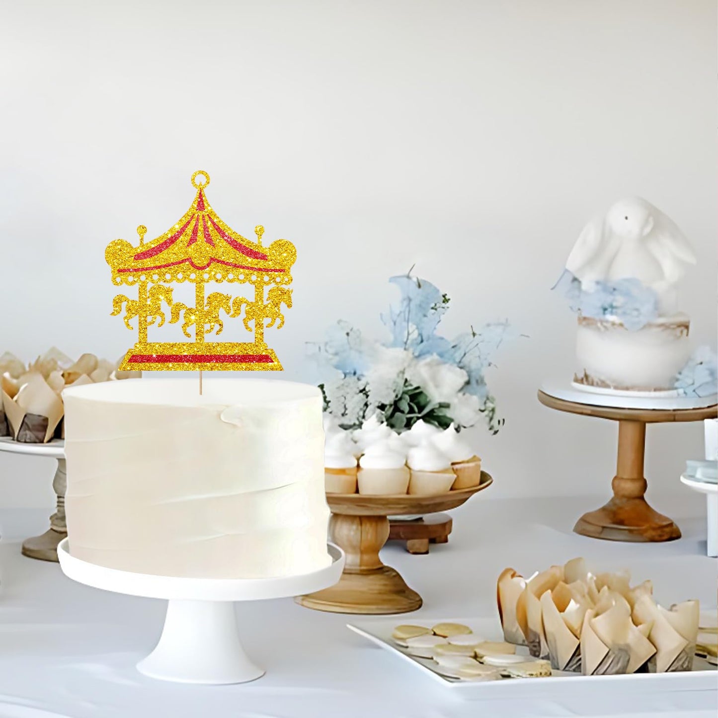MINIYEYE Carousel Cake Topper, Gold Glitter Horse Decor for Baby Shower, Carnival Theme, Pink