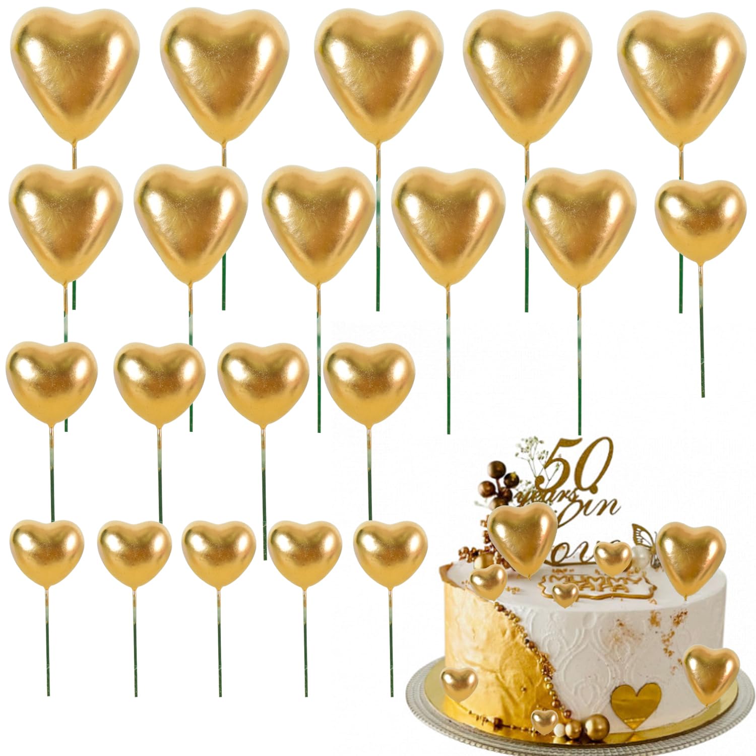 Beishida 20 Pcs Gold Heart Cake Toppers 3D Heart Cake Toppers Foam Toppers Cake Decoration Happy Birthday Cake Diy Cake Insert F