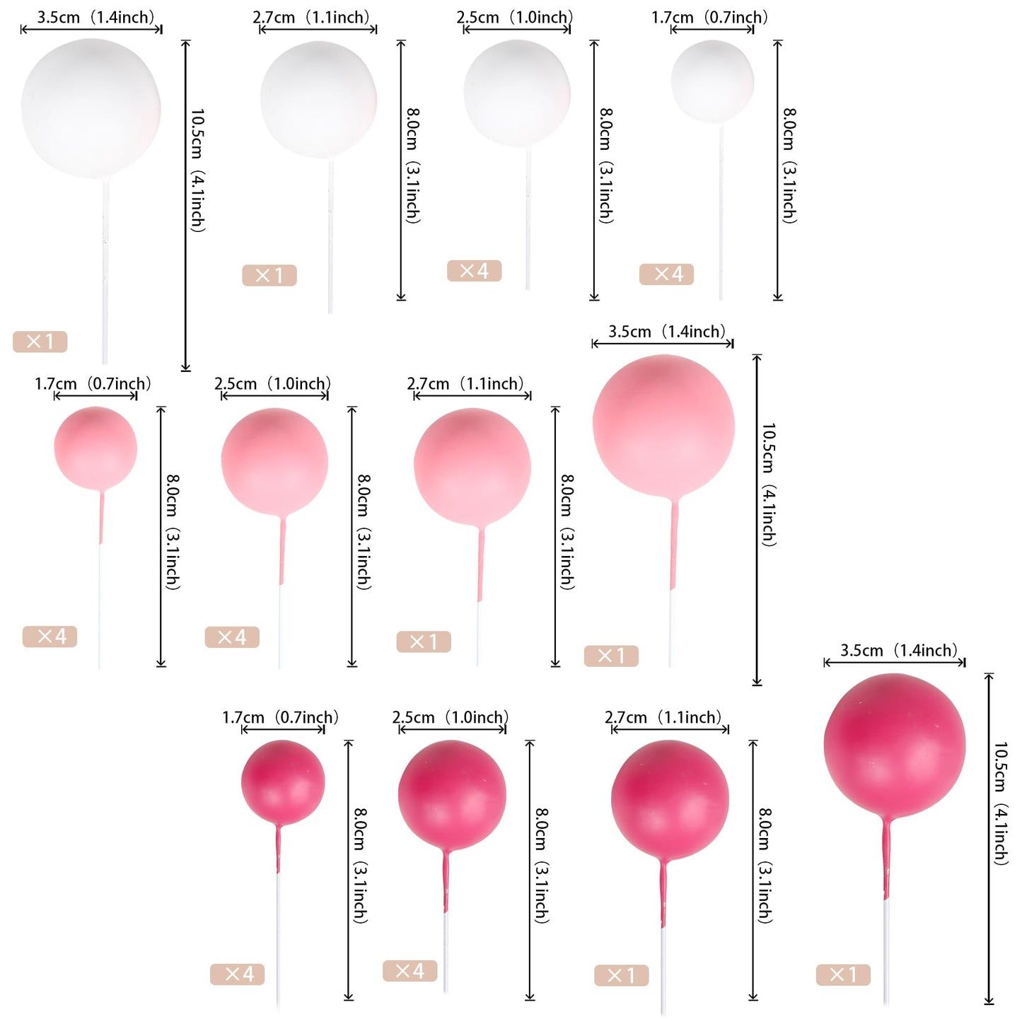 Rssta i Mini Balloons Cake Toppers - 30 PCS Foam Balls for Baby Shower, Wedding, Kids Birthday - Red, Pink, White