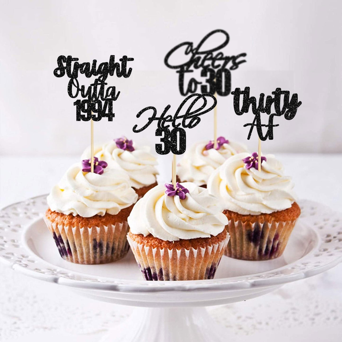 Gyufise 48 Pack Black Glitter Hello 30 Cupcake Toppers Glitter Thirty Cheers To 30 Straight Outta 1994 Cupcake Picks For 30Th Bi