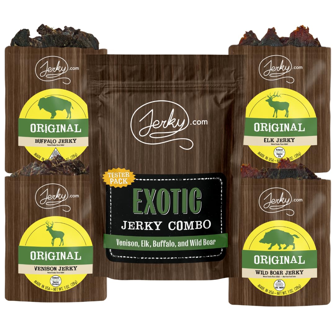 Jerky.Com'S Classic Exotic Jerky Variety Sampler Pack - Jerky Variety Pack With 4 Types Of Jerky - Buffalo, Wild Boar, Venison J