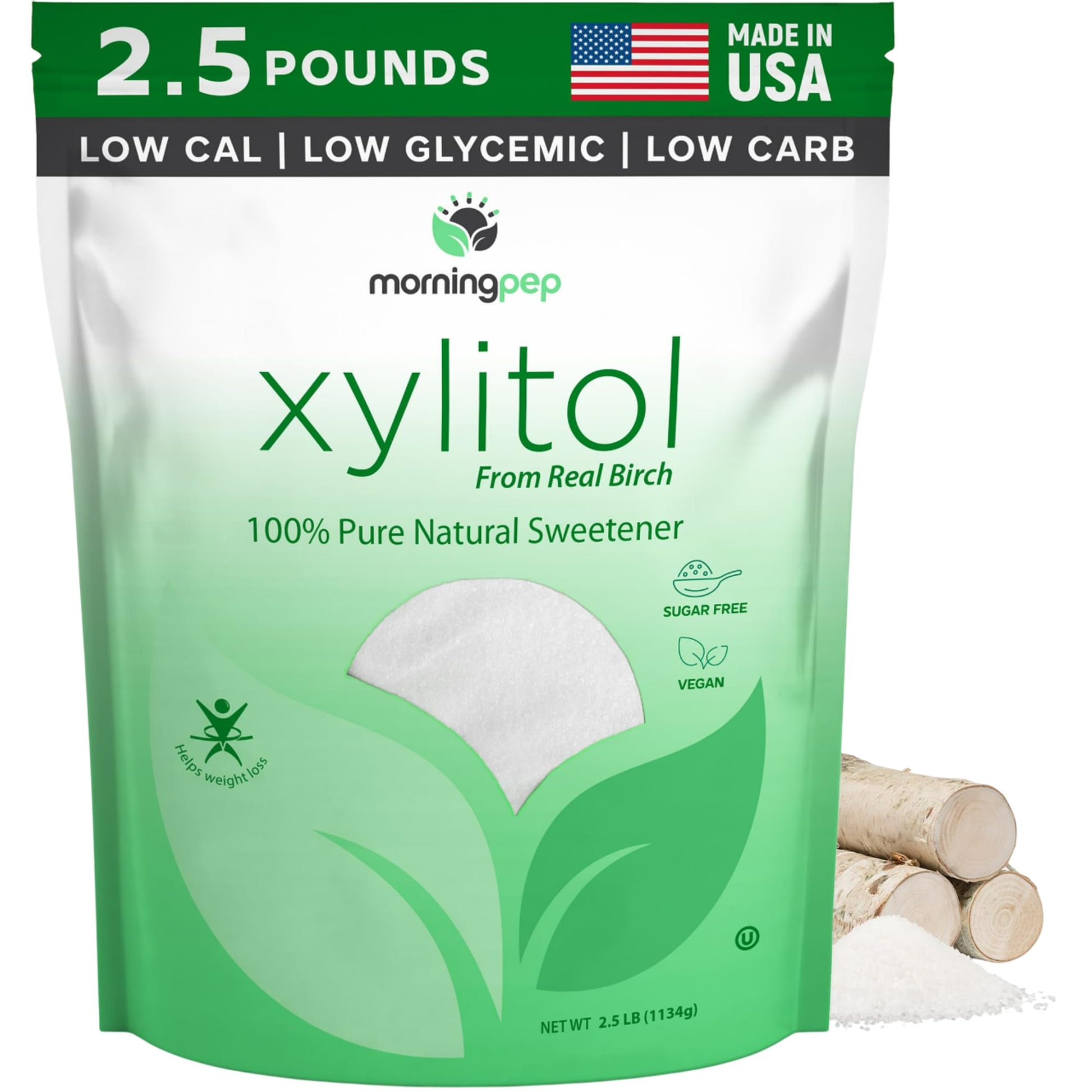 Morning Pep Pure Birch Xylitol (Keto Diet Friendly) Sweetener with no aftertaste 2.5 LBs (Not From Corn) NON GMO KOSHER GLUTEN F