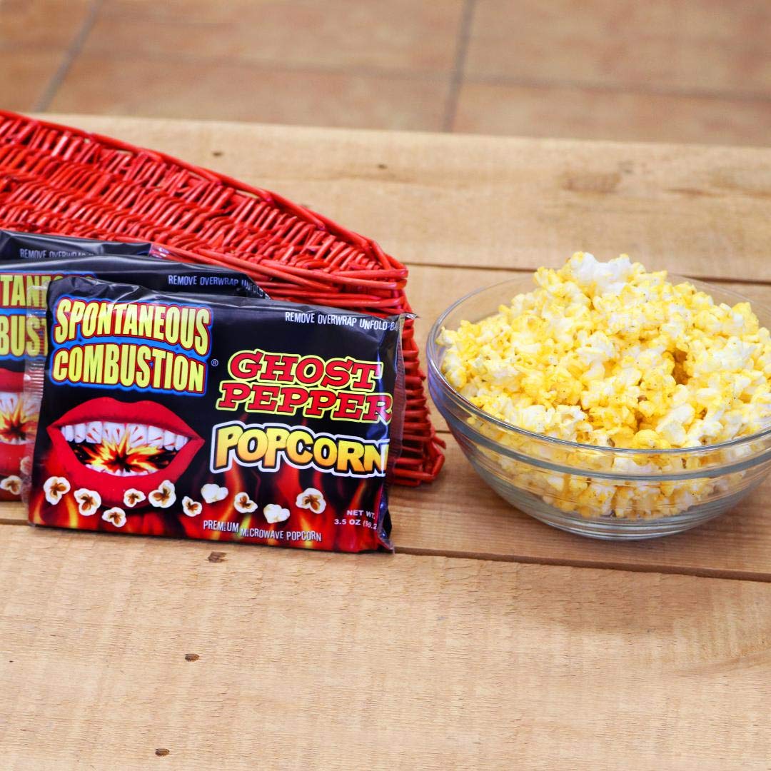 SPONTANEOUS COMBUSTION Ghost Pepper Microwave Popcorn - 12 Pack, 3.5 oz Bags, Gourmet Spicy Snack for Home Movies