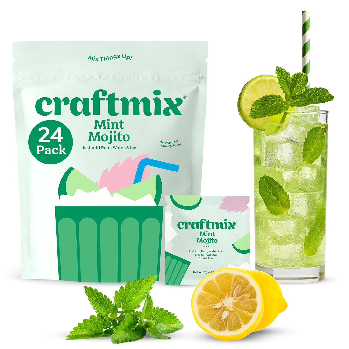 Craftmix Mint Mojito Cocktail & Mocktail Drink Mixer, Skinny Mixes - Water Flavoring Packets - Made With Real Fruit - Vegan Low-Carb, Low-Sugar, Non-Gmo, Dairy Free, Gluten Free, 24 Pack
