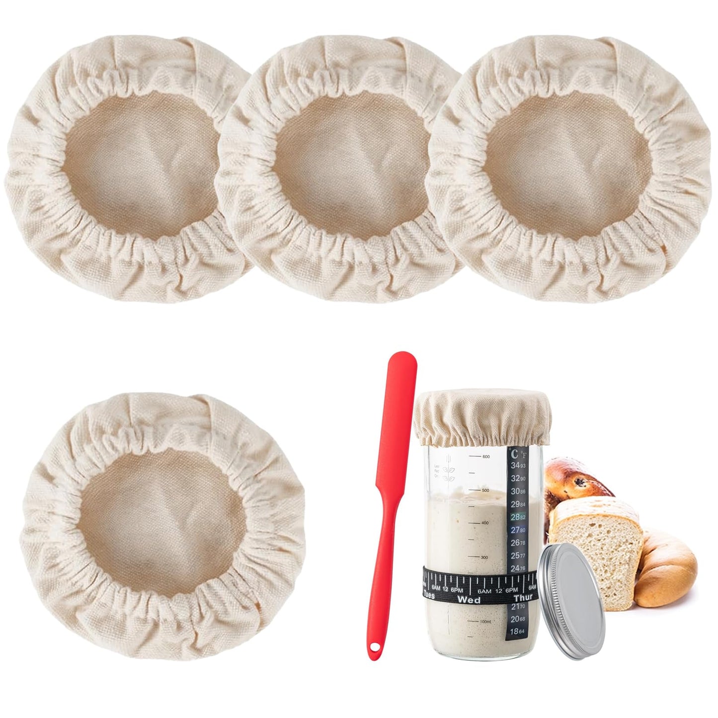 Handmade Cotton Cloth Covers - 4Pc Reusable Sourdough Jar Cover  Fits Jars 3-4 Inch