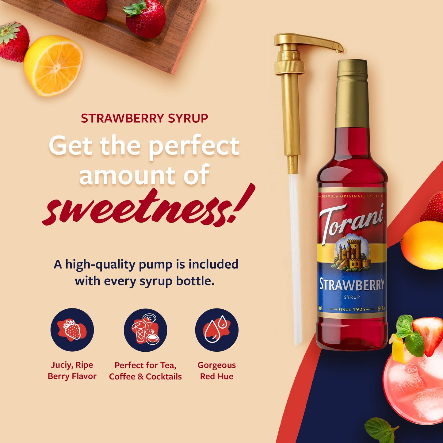 Torani Strawberry Syrup for Drinks, Flavoring for Iced Tea & Sodas, 25.4 Fl Oz, Pump Included