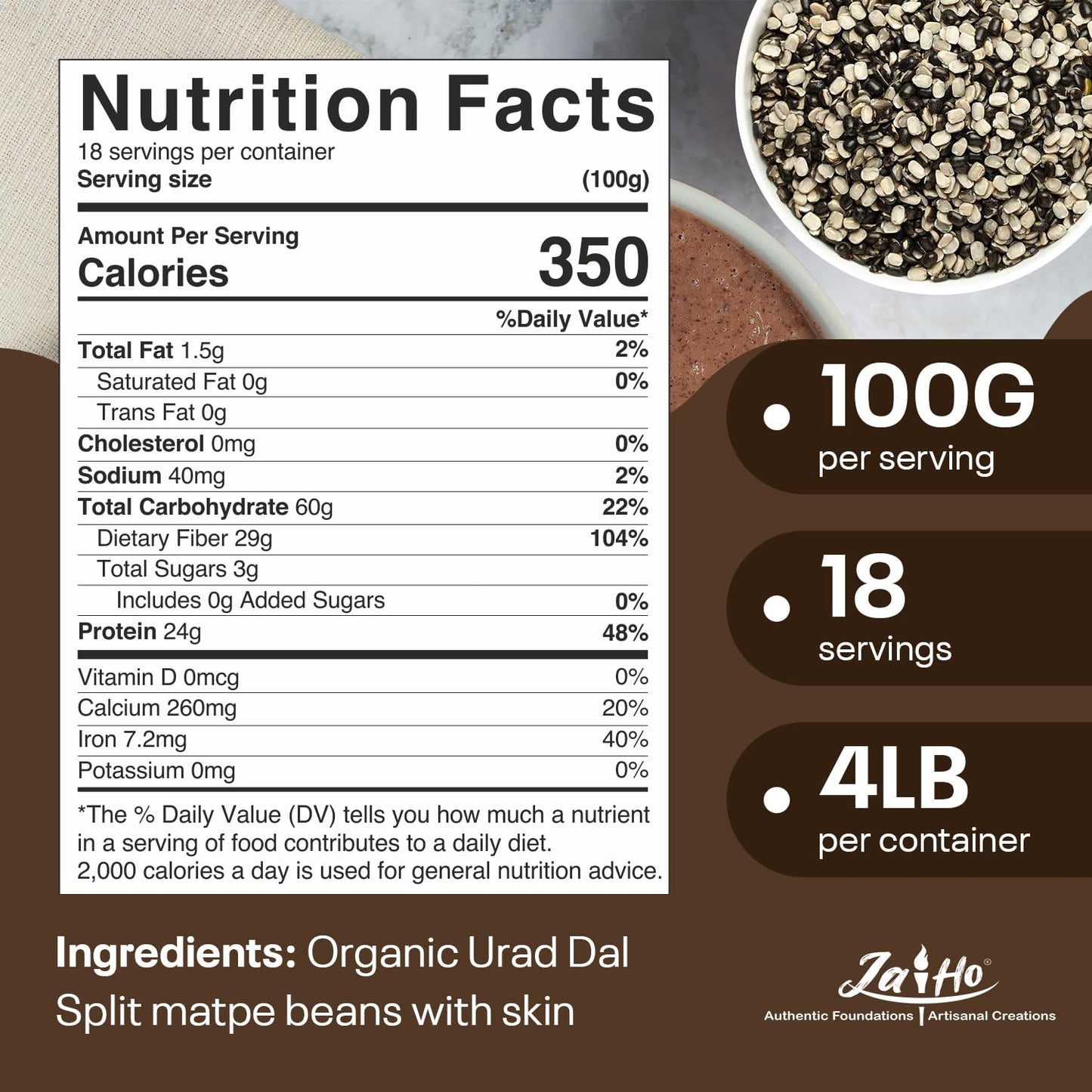 Jai Ho Certified Organic Urad Dal With Skin (Split Matpe Beans) 4 Lb - Usda Organic | Non-Gmo | Chemical-Free | Premium Quality