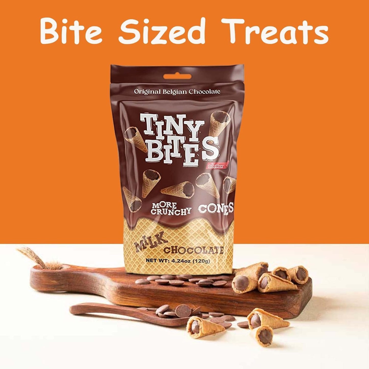 BEEMAX Tiny Bites Crispy Mini Waffle Cones   - Milk Chocolate, 4.24 oz Bag (Pack of 2) - Perfect for Snacks, Desserts, Ice Cream