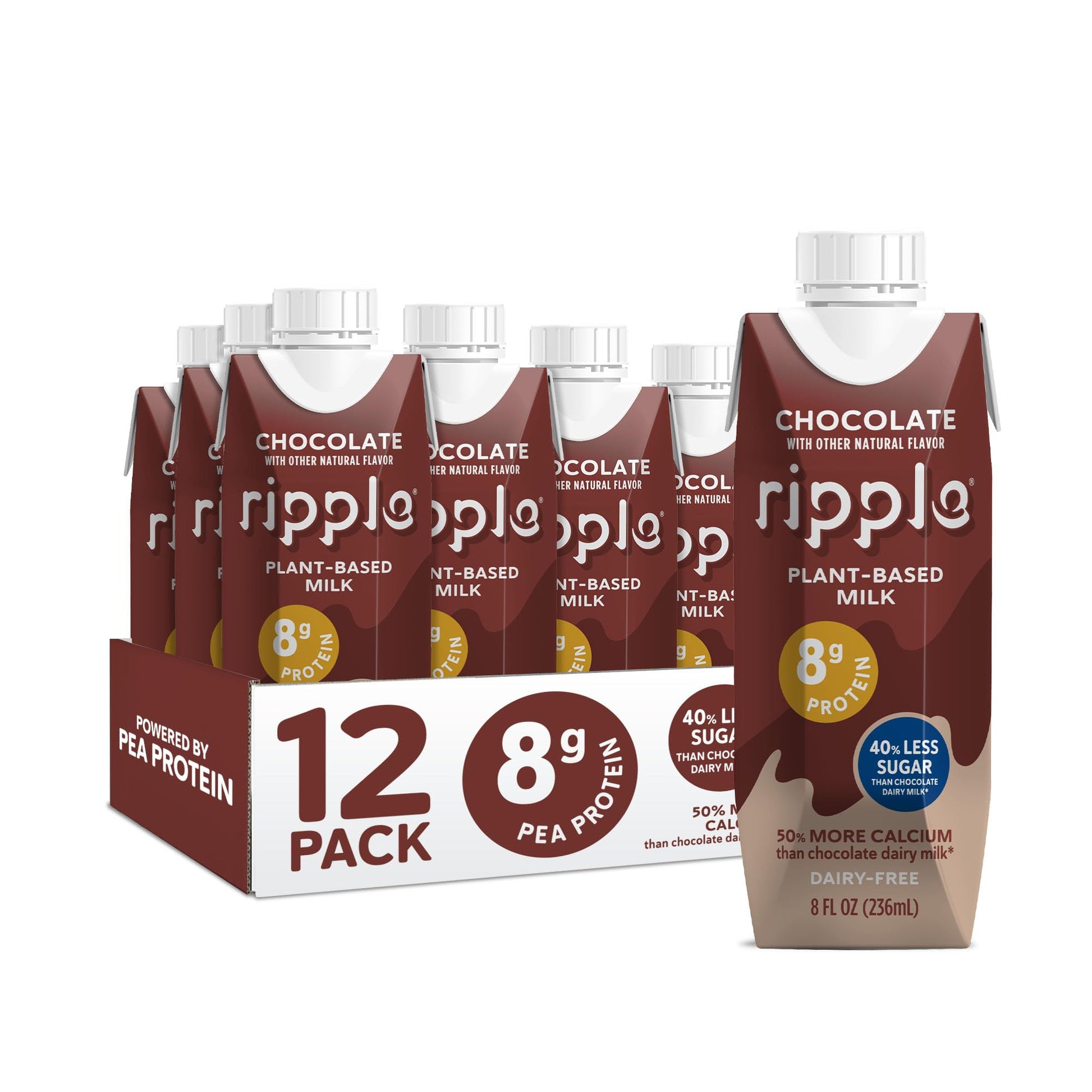 Ripple Non-Dairy Milk, Chocolate| Vegan Milk With 8g Pea Protein | Shelf Stable Single Serve Cartons | On-The-Go | Non-GMO, Plan
