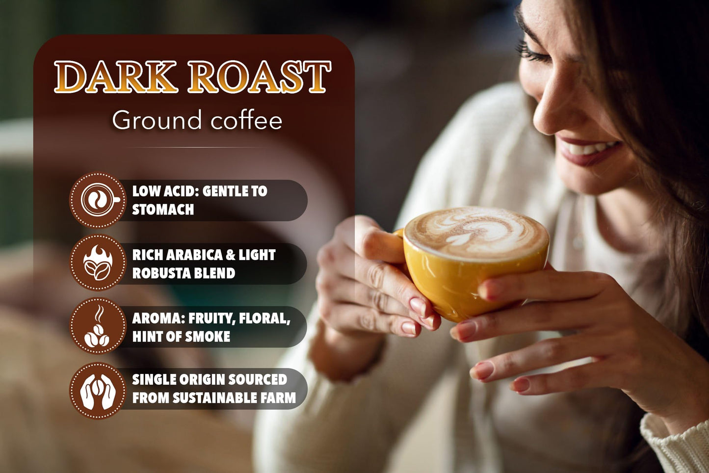 TARMO COFFEE Low Acid Arabica & Robusta Blend Ground Coffee, Dark Roast, High Caffeine, 12 Oz Bag