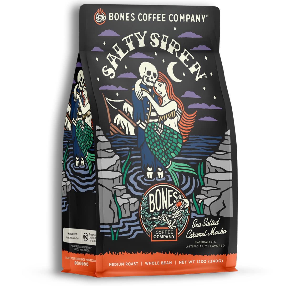 Bones Coffee Company Salty Siren Ground Coffee Beans Caramel Chocolate Flavor, Low Acid Flavored Coffee, Made with Arabica Coffe