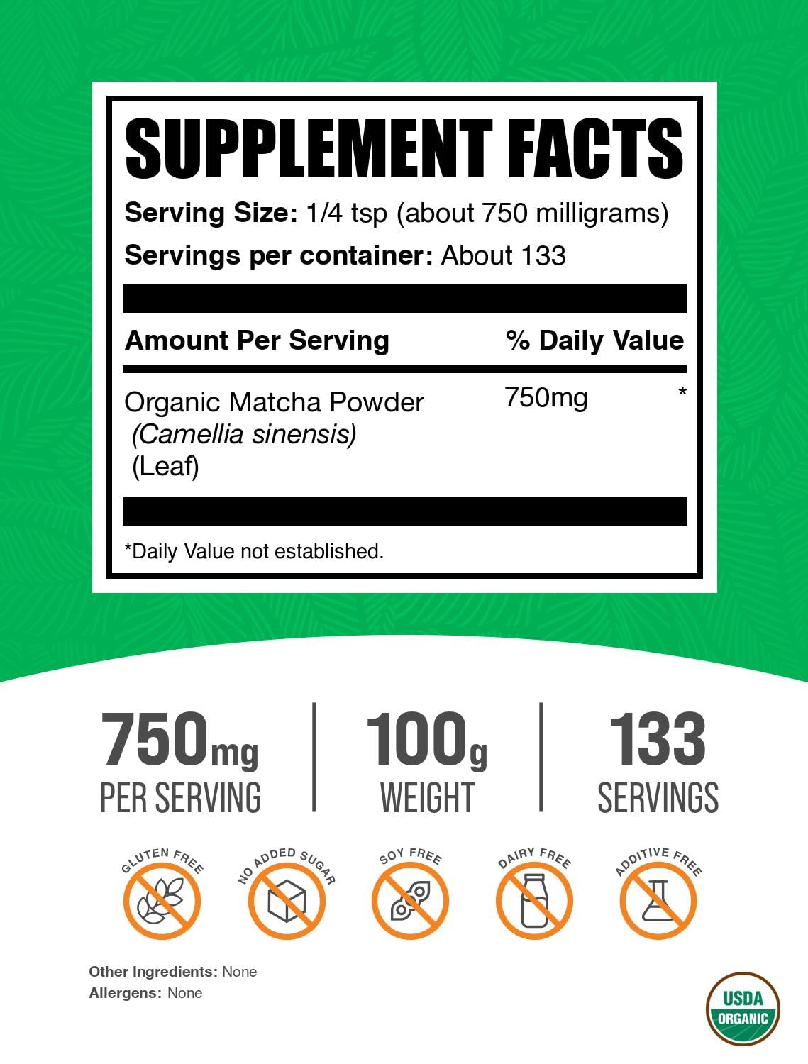 Bulkdietary products Organic Matcha Powder - Culinary Grade, Gluten Free, 100g (3.5 oz)