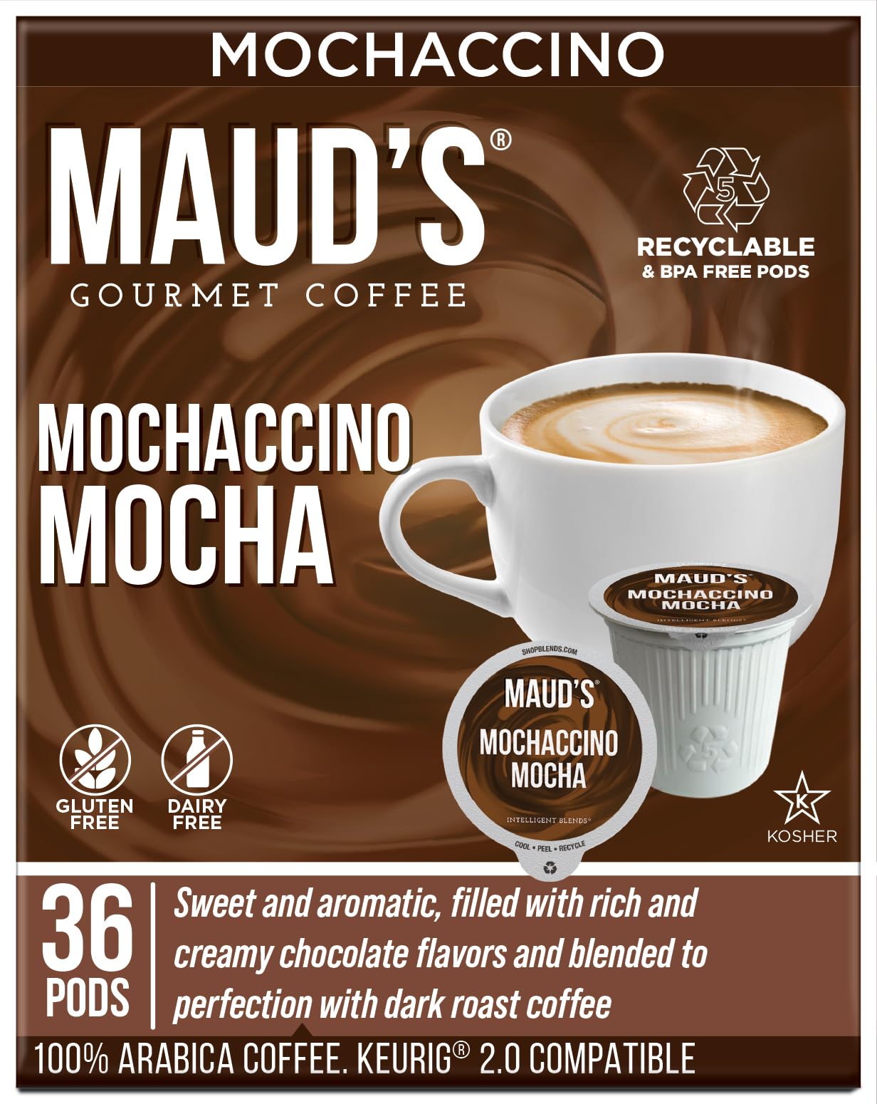 Maud's Chocolate Mocha Cappuccino Coffee Pods, 36ct - Mochaccino Mocha Flavor - Made with Gourmet Arabica Coffee, Recyclable Pod