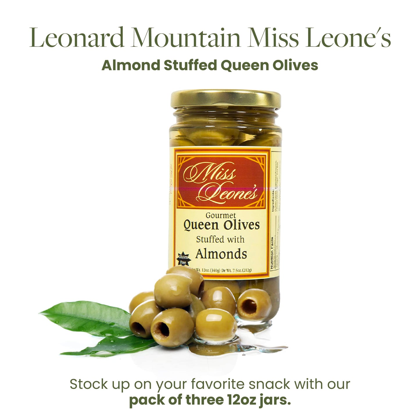 Leonard Mountain Miss Leone'S Almond Stuffed Queen Olives, 12 Oz., Pack Of 3
