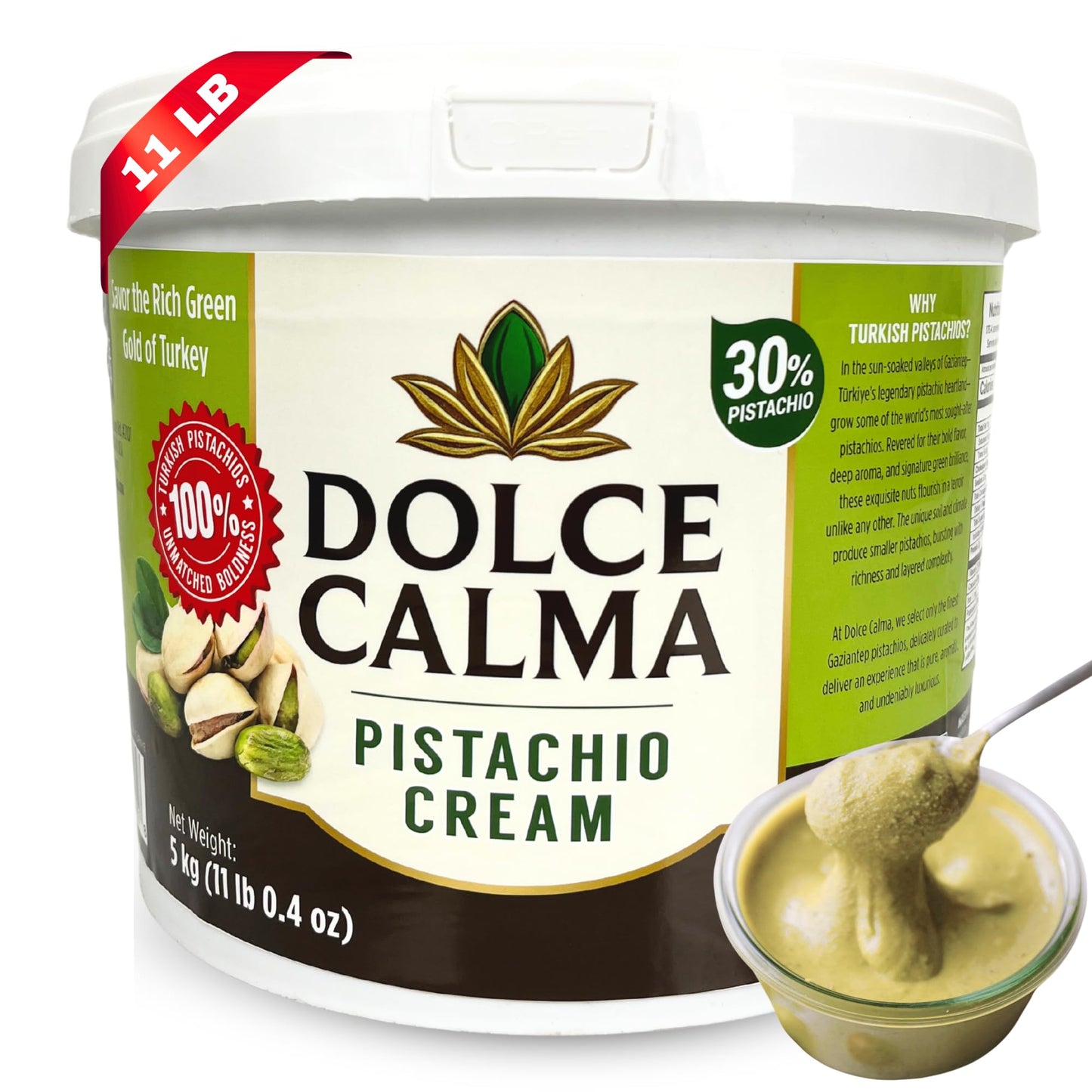 Dolce Calma Top-Grade Pistachio Cream Spread 5 Kg (11 Lbs) - 30% Pistachios - Authentic Turkish Pistachio Cream For Dubai Chocolate  Toast  Cakes  Waffles  Or Pastries - No Palm Oil