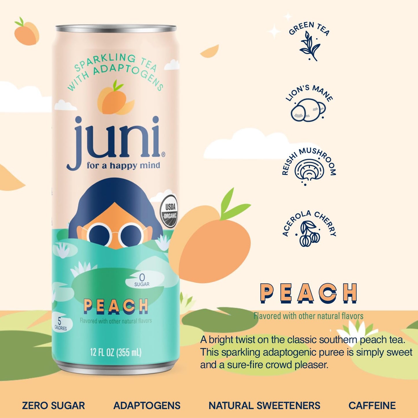 JUNI Sparkling Adaptogen Drink, Peach Flavor, Zero Sugar, 12 Fl Oz (Pack of 12)