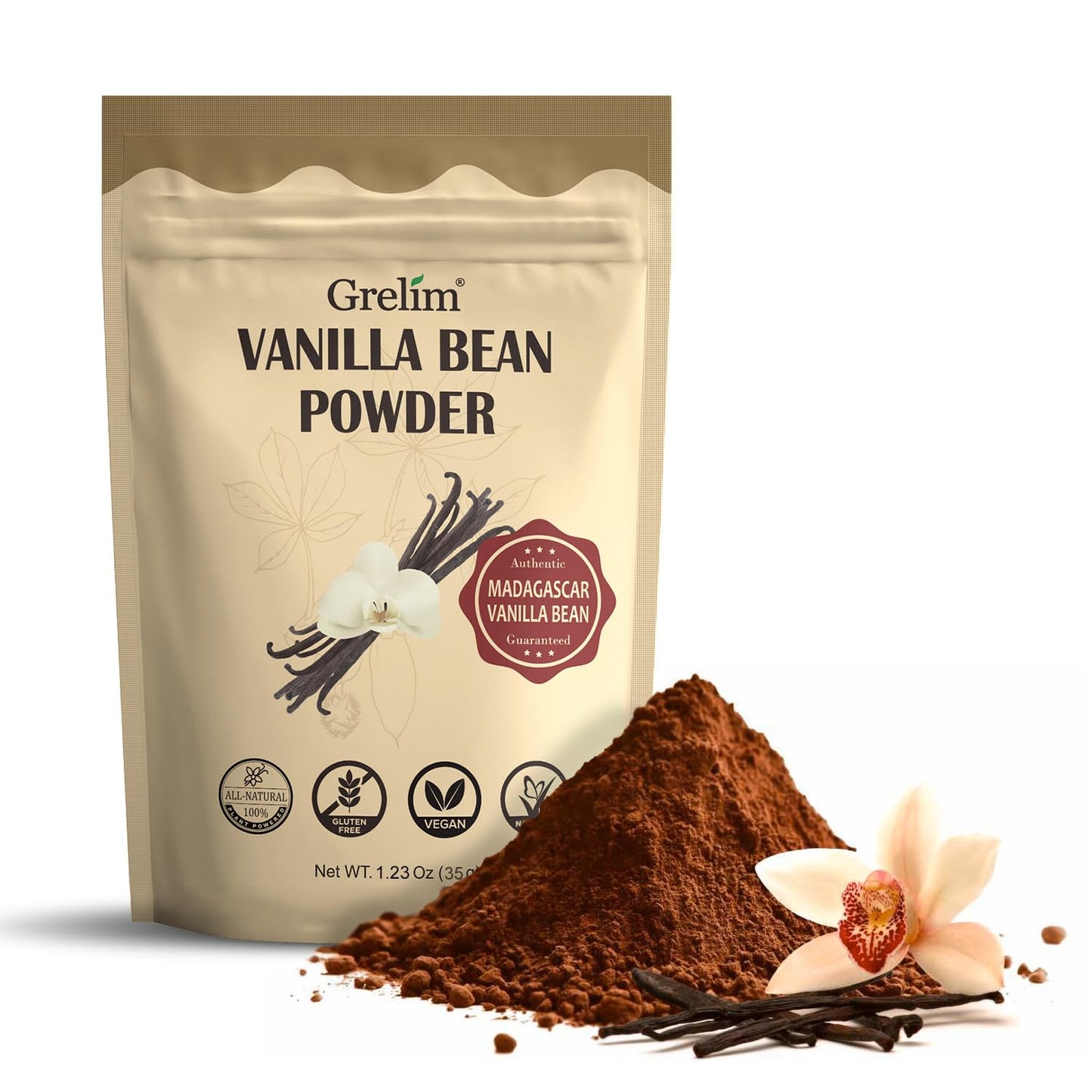Grelim Vanilla Bean Powder, 100% Pure Ground Madagascar Vanilla Powder,No Fillers Or Additives Great For Baking, Coffee, Smoothi