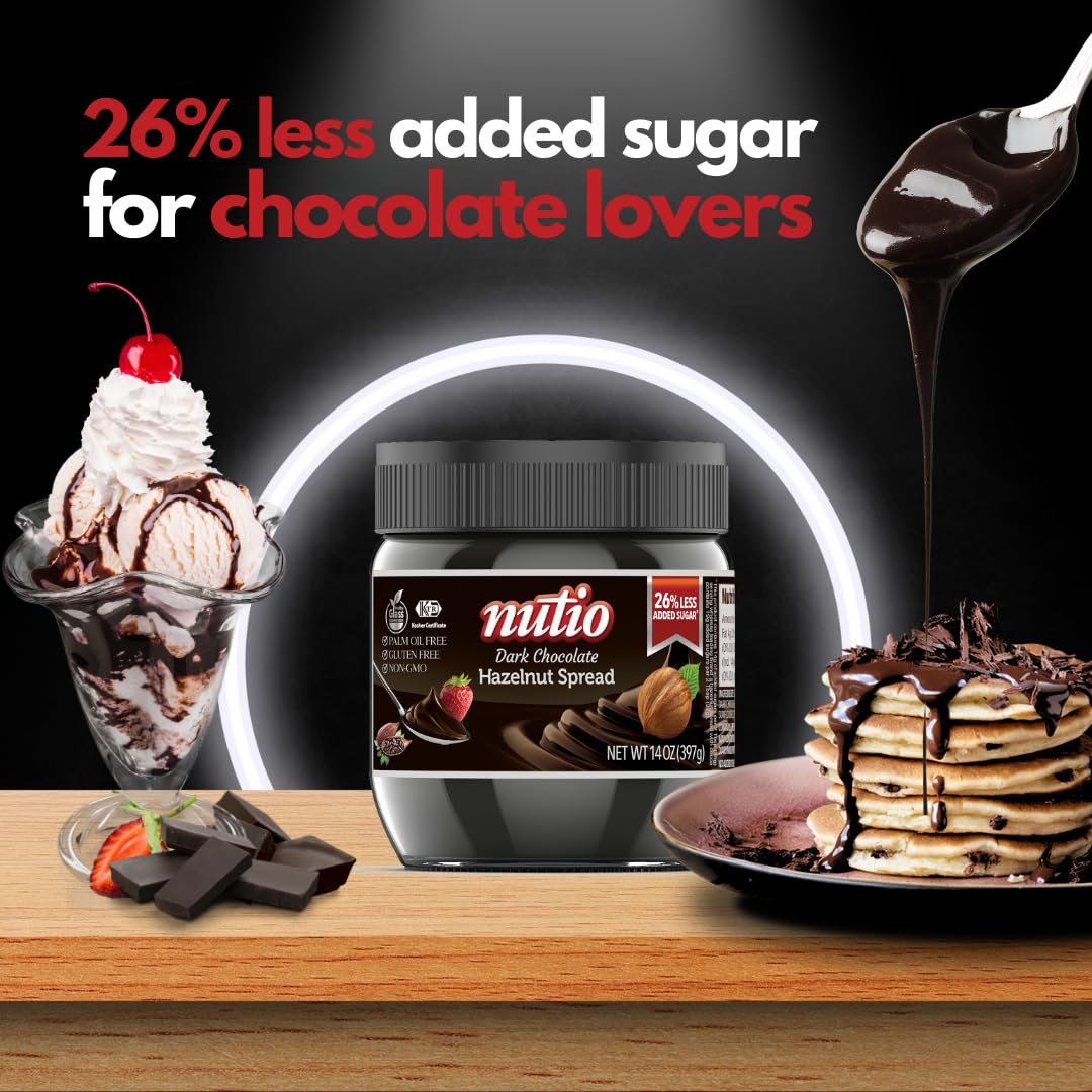 Nutio Dark Chocolate Hazelnut Spread - 26% Less Added Sugar, Palm Oil Free, Gluten Free, Non-Gmo - 14 Oz Glass Jar